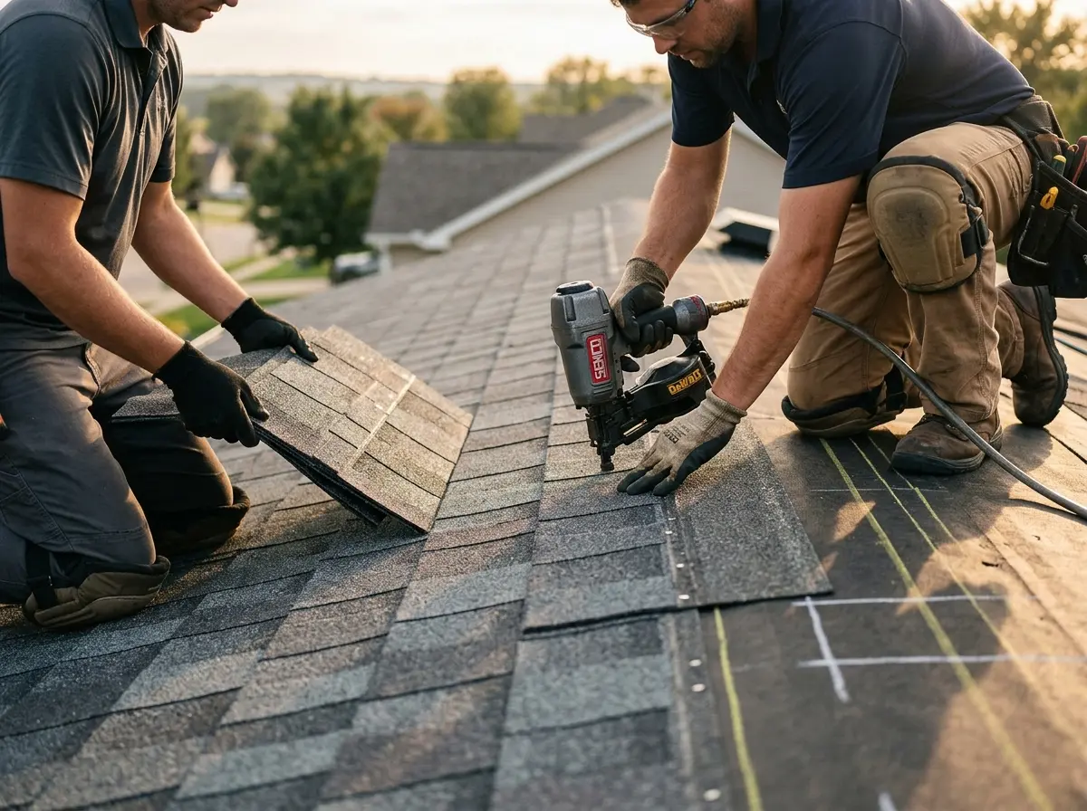 Professional roofer working on a residential roof in South Park